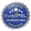 Blue and silver badge with &;Certified EvexiPEL Provider, The Patients and three stars in the center.